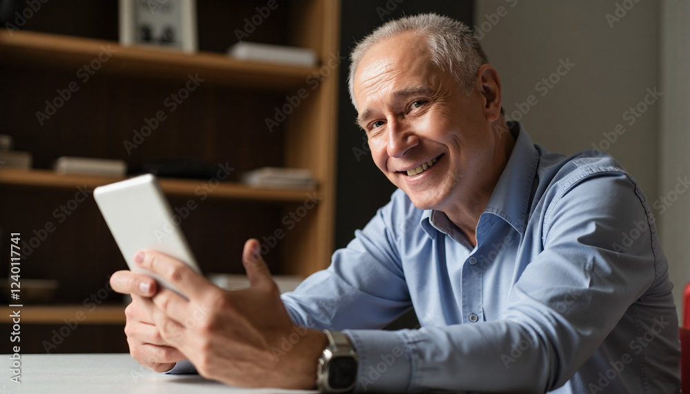 Smiling older man using tablet in modern living room Smiling older man using tablet in modern living room