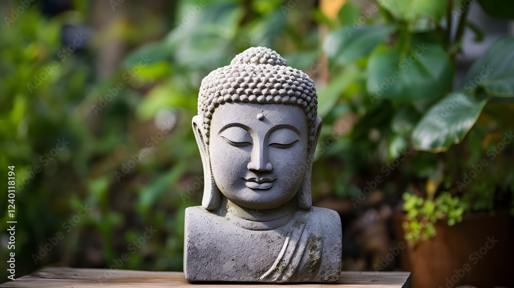custom made wallpaper toronto digitalA serene Buddha head statue with a unique textured stone finish placed in a peaceful outdoor zen garden setting This image evokes a sense of tranquility mindfulness and spiritual harmony