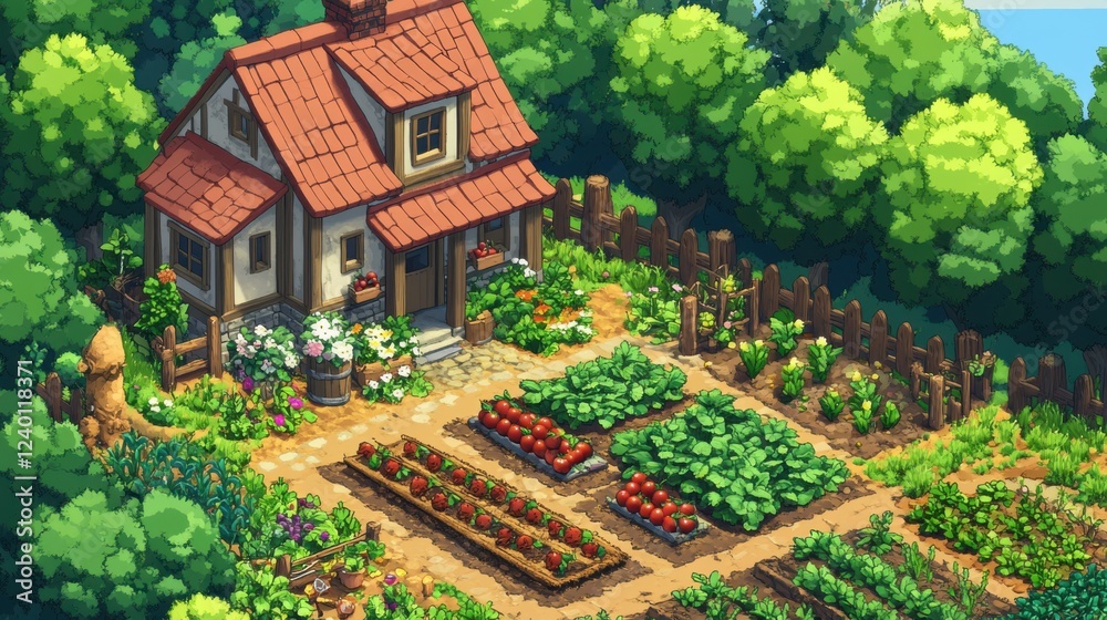 A cozy rural homestead surrounded by organic gardens,