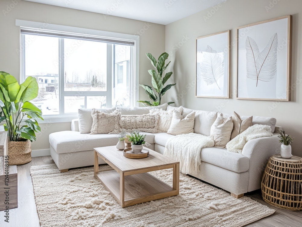 Naklejka premium Modern Beige Living Room With Cozy Sectional Sofa