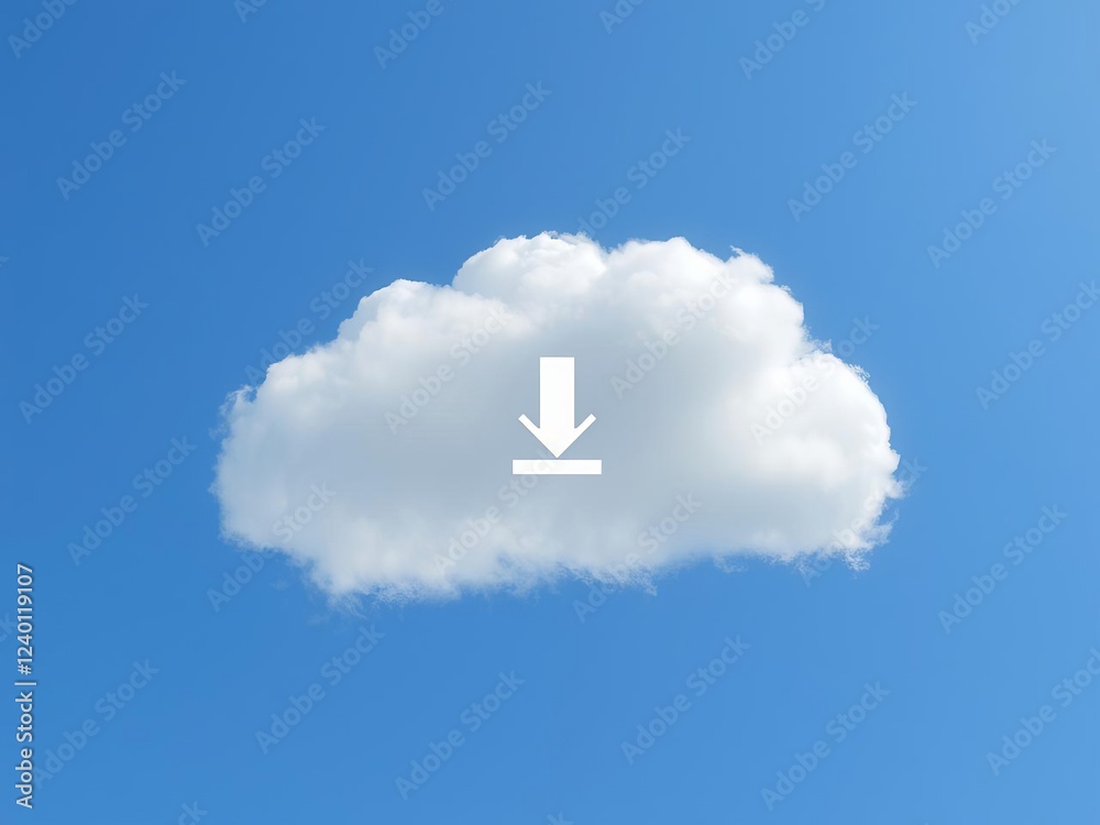 Fototapeta premium Virtual computing concept with white cloud on blue sky background transferring data and uploading applications, cloud computing, technology