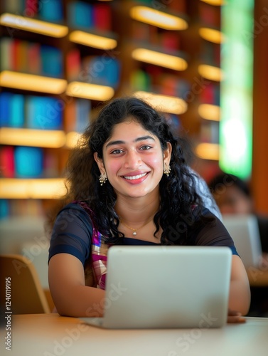 Young Indian smiling student with laptop at library