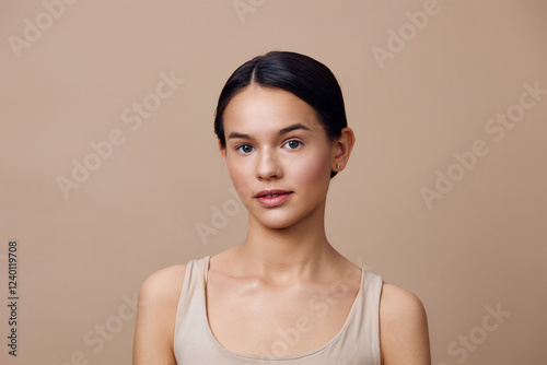 Natural portrait of a young woman with smooth skin and minimal makeup against a beige background, embodying beauty and simplicity in a fresh, seasonal look