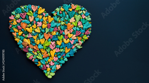 Heartfelt Love: A vibrant, colorful heart composed of numerous small, love-themed candies. The heart symbolizes love, happiness, and affection against a deep blue backdrop.