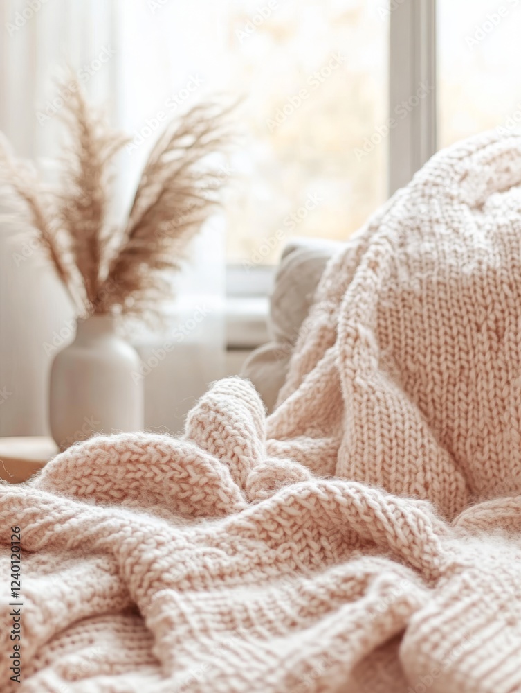 Soft Pink Knitted Blanket Draped on Furniture Near Window Soft Pink Knitted Blanket Draped on Furniture Near Window