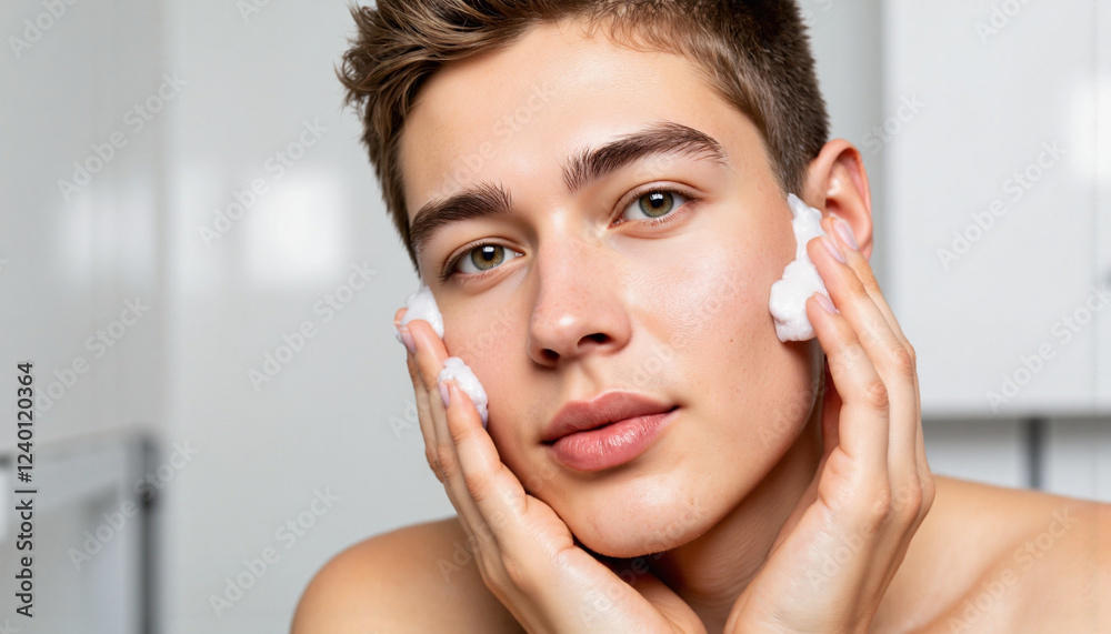 Young man applying foam cleanser on his face in bathroom Young man applying foam cleanser on his face in bathroom