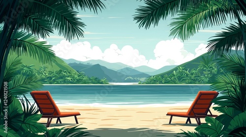 Tranquil Tropical Beach Scene  Palm Trees  Ocean  and Relaxing Chairs