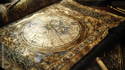 Antique nautical chart open on wooden table