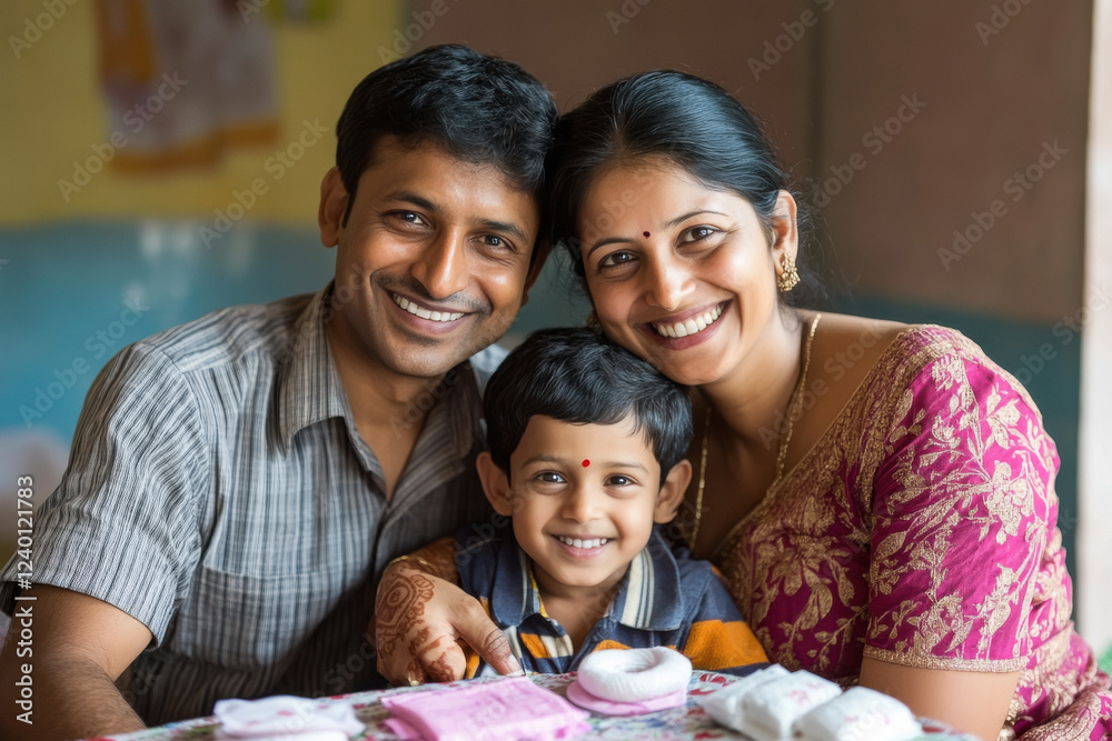 Φωτογραφία A young indian family of three - a man, a woman,little boy - sitting together on