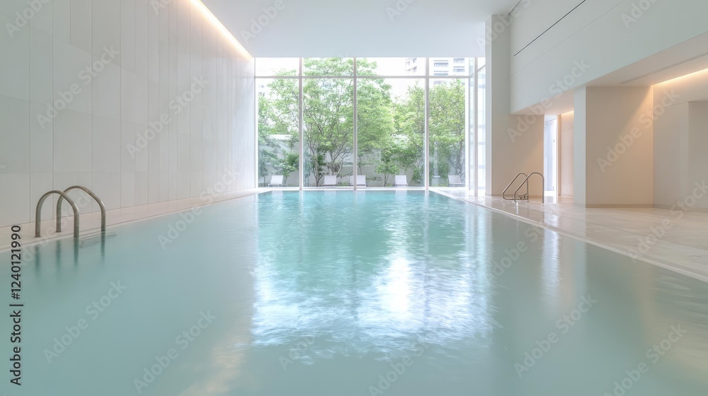 Fototapeta premium Indoor pool, city view, tranquil spa, relaxation