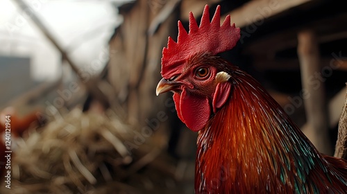 Detailed farmyard photography close-up of a colorful bantam rooster