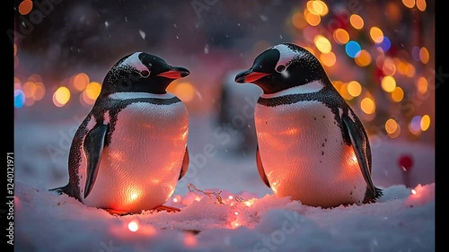 Two penguins adorned with lights in a snowy setting, surrounded by festive bokeh.
