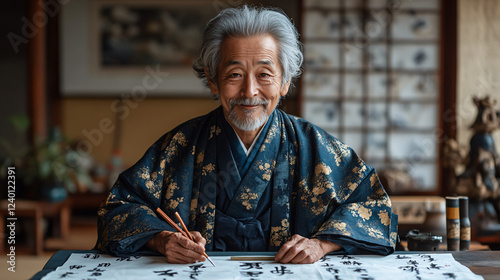 a man in a kimono robe writing on a piece of paper photo