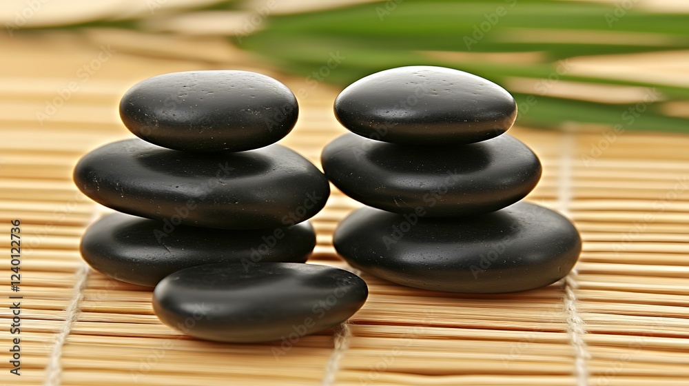 Serene Stacked Black Stones on Bamboo Mat: A Symbol of Balance and Tranquility Serene Stacked Black Stones on Bamboo Mat: A Symbol of Balance and Tranquility