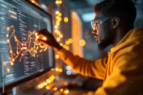 A technician verifying sufficient storage on a server rack, surrounded by glowing monitors and hardware in a sleek data center