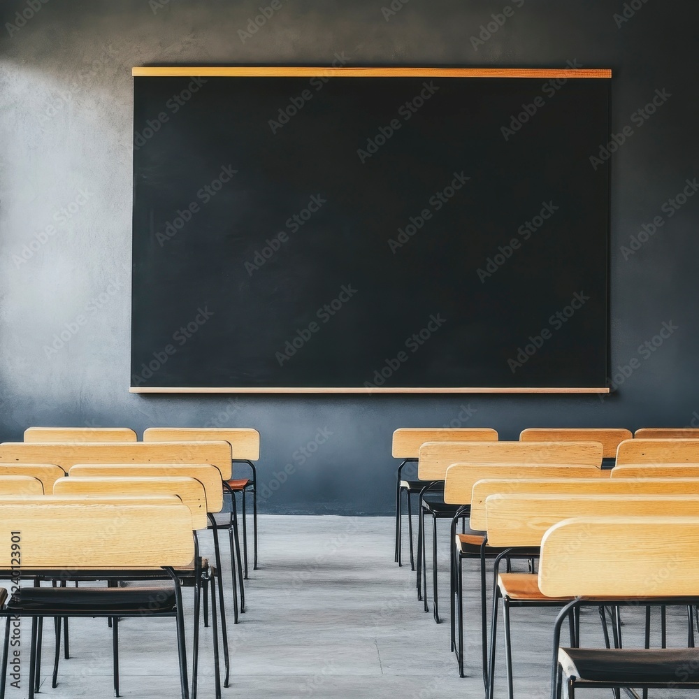 Modern classroom interior with empty wooden desks and minimalistic chalkboard against a dark wall for educational themes Modern classroom interior with empty wooden desks and minimalistic chalkboard against a dark wall for educational themes