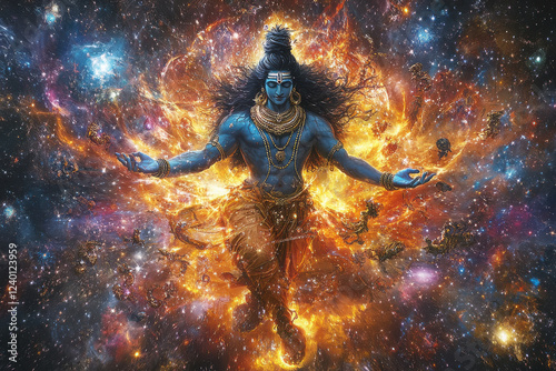 Shiva amidst His ferocious Tandava dance, with a cosmic backdrop of galaxies and stars. His divine energy spreads outwards photo