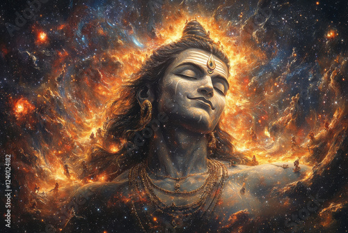Shiva amidst His ferocious Tandava dance, with a cosmic backdrop of galaxies and stars. His divine energy spreads outwards