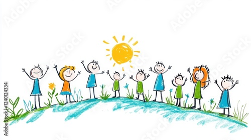 Colorful Children Enjoying Sunny Day in Nature with Happiness and Joyful Expressions in Playful Illustration Art