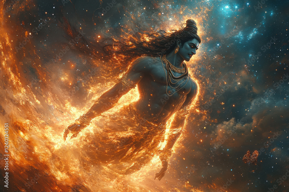 Φωτογραφία Shiva amidst His ferocious Tandava dance, with a cosmic backdrop of galaxies and stars