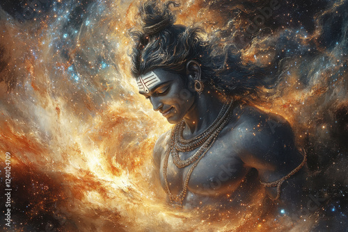 Shiva amidst His ferocious Tandava dance, with a cosmic backdrop of galaxies and stars. His divine energy spreads outwards