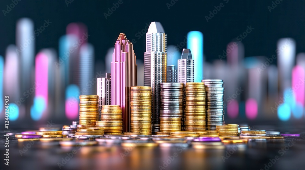 A futuristic skyline constructed from coins illustrating the interplay between finance and urban architecture A futuristic skyline constructed from coins illustrating the interplay between finance and urban architecture
