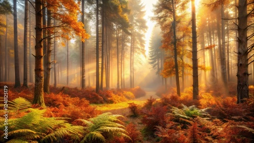 Golden Sunlight Illuminates a Misty Autumn Woodland Path, Creating a Breathtaking Scene of Natural Beauty