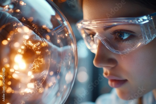 A young scientist tentatively handling a fragile artifact in a laboratory, wearing gloves and a focused expression