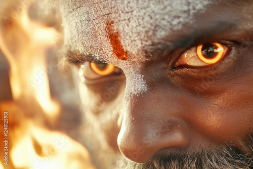 Close view of eyes of naga sadhu glowing in the firelight the reflection of the flames dancing in his pupils photo