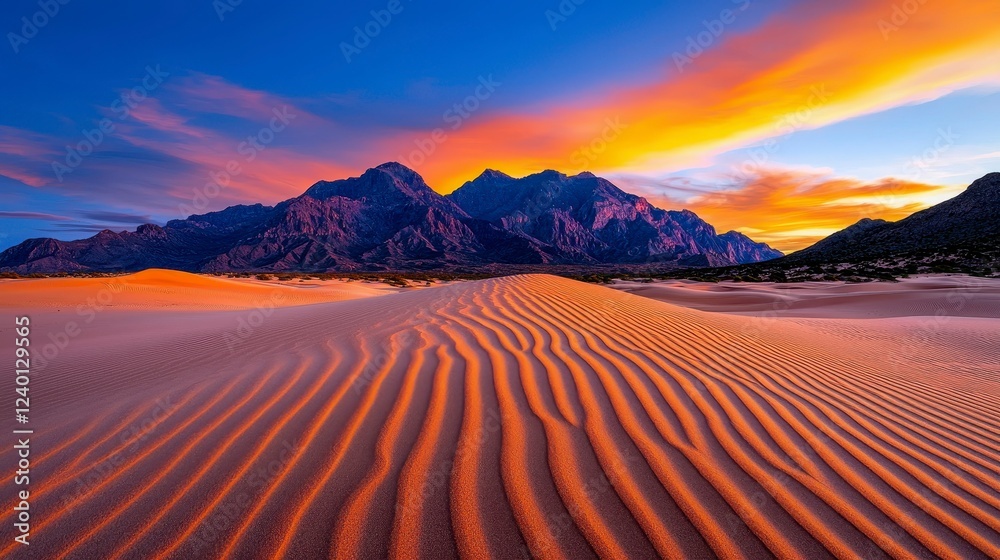 Φωτογραφία Stunning sunset over a desert landscape featuring vibrant skies and rippled sand
