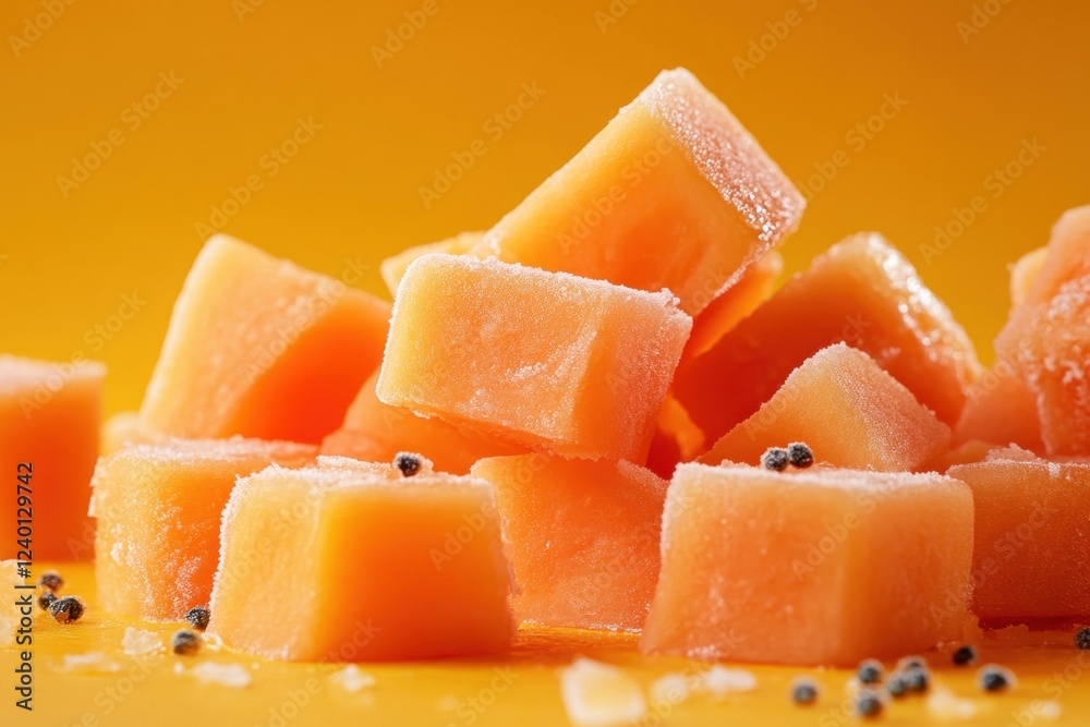 Frozen papaya cubes arranged on a yellow background