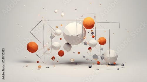 Stunning abstract composition featuring low poly 3D objects floating in a serene minimalist white space backdrop  This digital art piece showcases a futuristic geometric design with a captivating