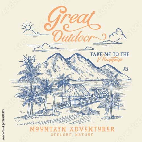 Great outdoor, Mountain lake graphic artwork, Outdoor vintage graphic print design, Mountain with tree vintage print design. Mountain forest club.Outdoor at the mountain retro print design for t shirt