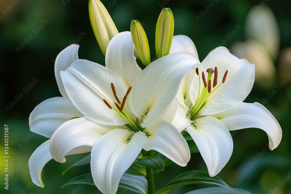 Fototapeta premium White lily flower blooming in garden with buds and green leaves