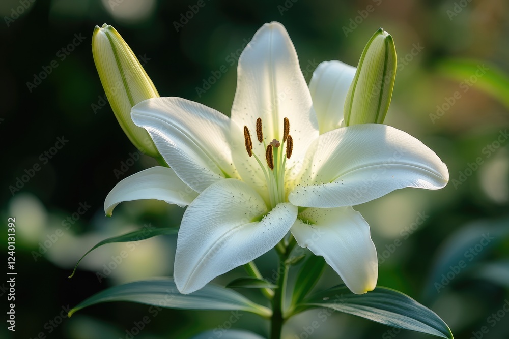 Fototapeta premium White lily flower blooming in garden with buds and green leaves