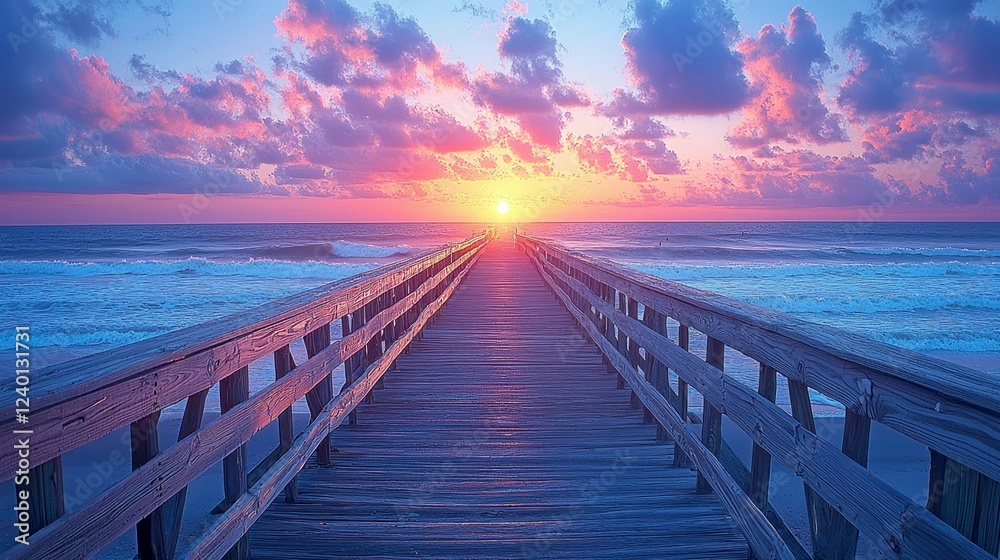Fototapeta premium Majestic Sunrise over the Ocean: A Serene Beach Pier View