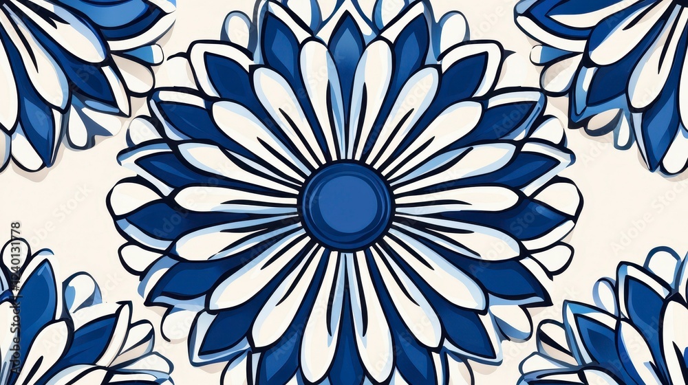 Fototapeta premium Intricate blue and white floral pattern featuring symmetrical petals and a central circle, ideal for modern decor