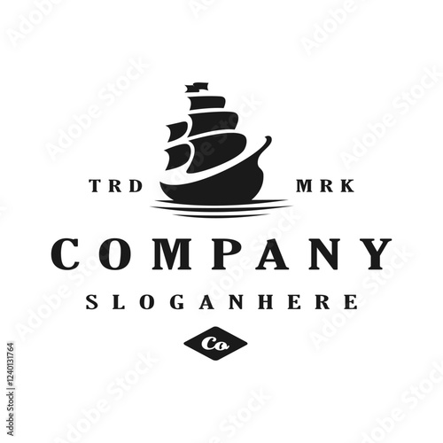 Simple Logo Sailing Ship and Sea Wave vector silhouette
