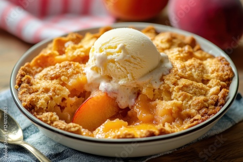 Peach Cobbler Dessert Topped With Vanilla Ice Cream photo