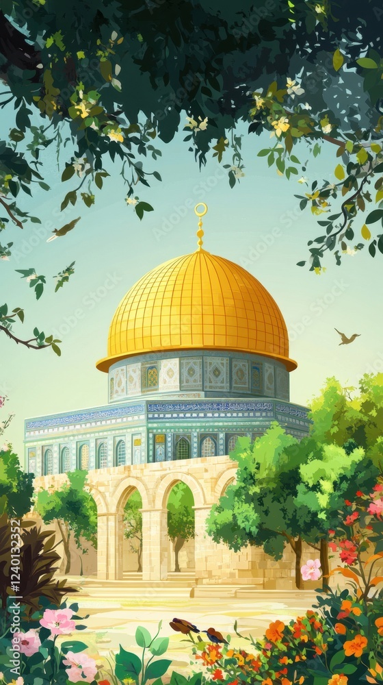 Obraz premium Golden Dome of the Rock Mosque in Jerusalem: A Serene Oasis of Faith and Tranquility