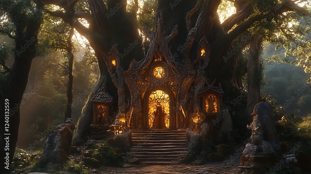 Fototapeta premium A Mystical Wooden Treehouse Entrance in a Sunlit Forest