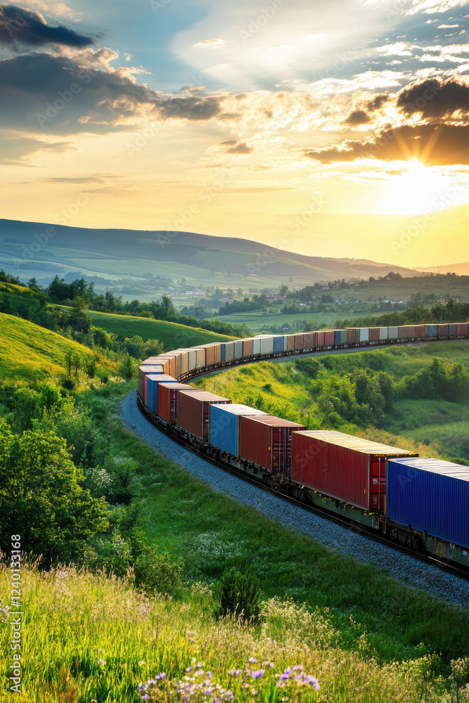 Fototapeta premium Freight trains loaded with containers moving through a scenic countryside