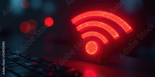 Bright red wireless alert symbol, glowing intensely , technology, design