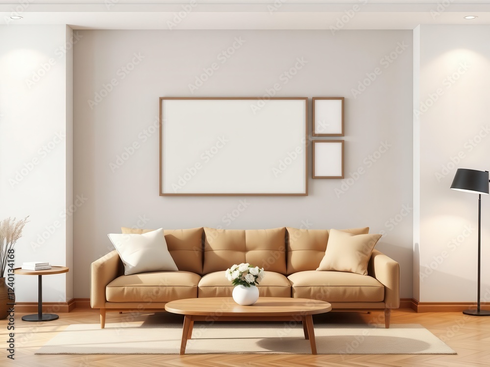 Fototapeta premium A mockup of a living room wall art display with a modern frame and gallery layout, interior design, trendy, living room