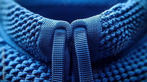 Blue textile shoelace close-up, textured background, sportswear detail