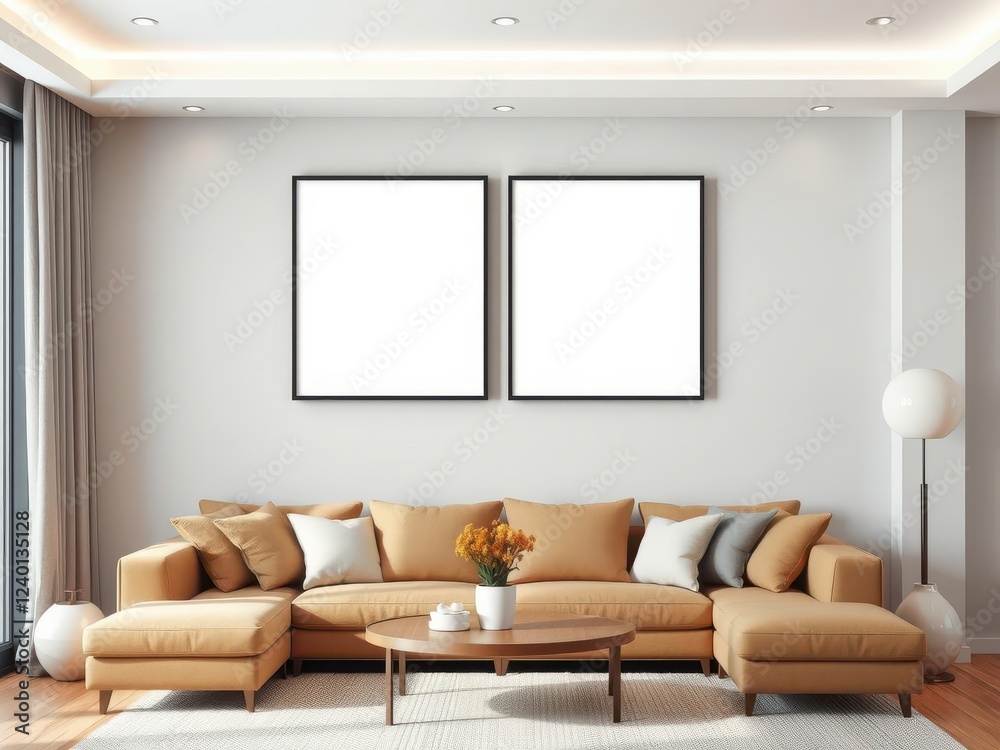 Fototapeta premium A mockup of a living room wall art canvas displayed with a modern background, template, digital, display