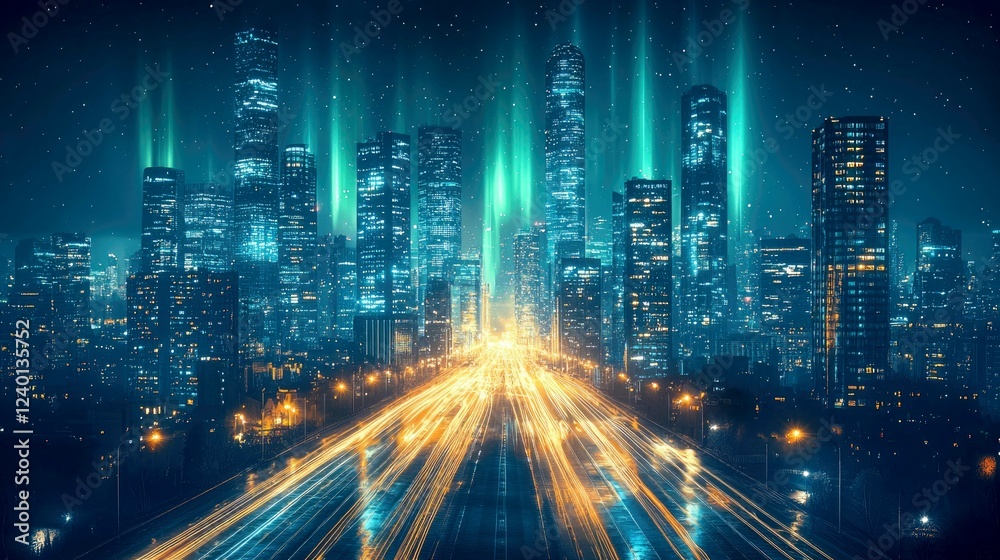 Fototapeta premium Futuristic City at Night: A Mesmerizing Nightscape of Illuminated Skyscrapers and Dynamic Traffic Flow