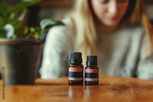 Young adult practicing mindfulness with essential oils nearby photo