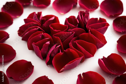 Red rose petals arranged in the shape of a heart on a white background photo