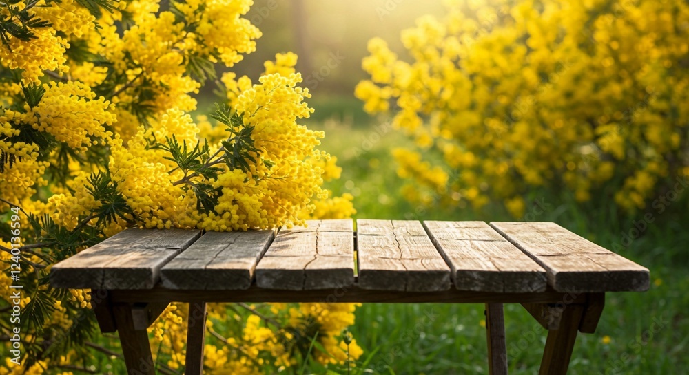 Naklejka premium Rustic table in an outdoor setting with vibrant yellow flowers creating a cheerful and spring-like background